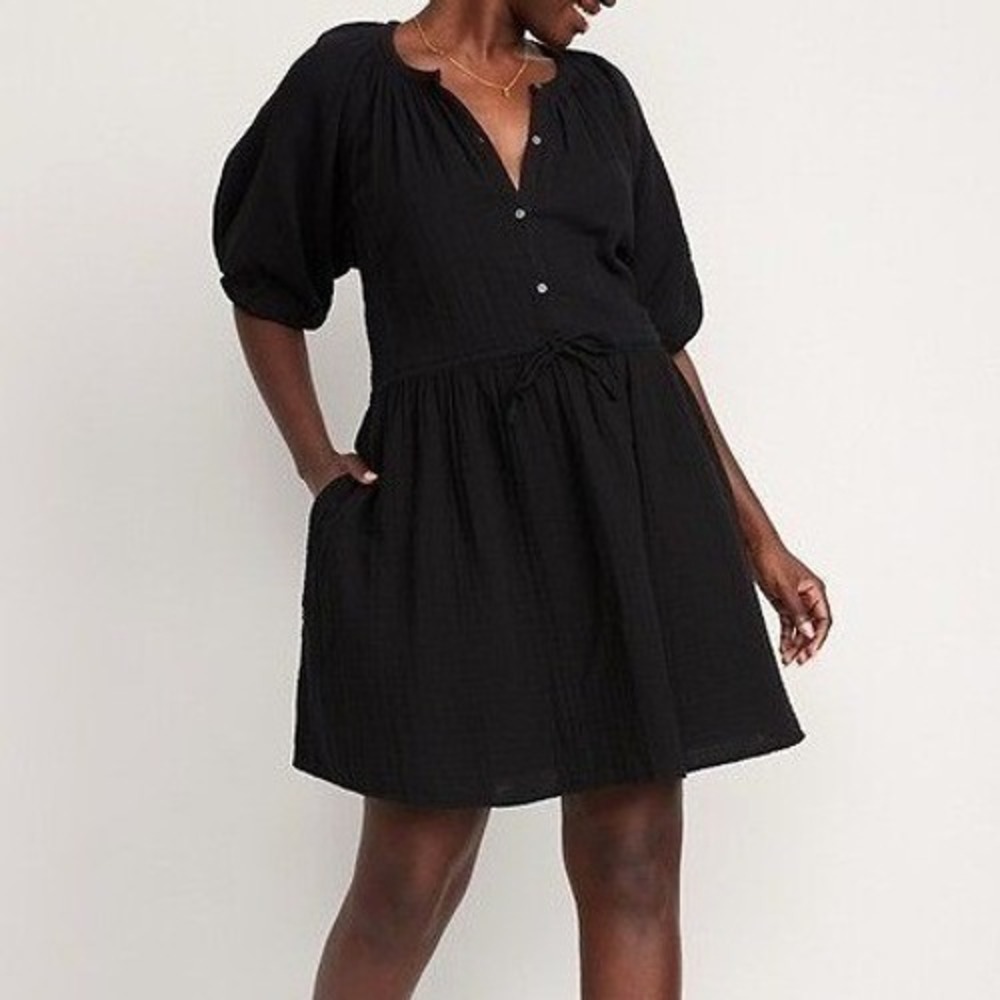 Old Navy Black Waist-Defined Puff-Sleeve Mini Dress Cotton Gauze Womens XS